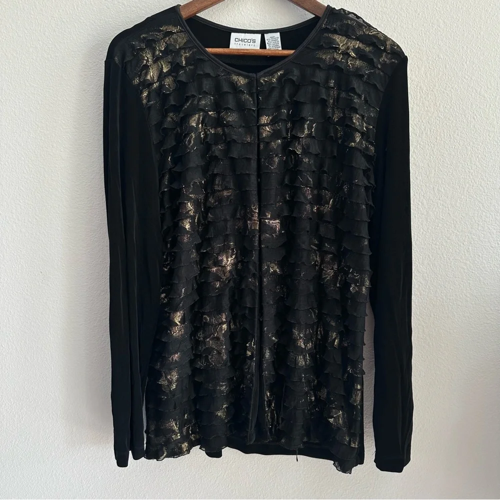 Black Gold Ruffle Chico's Travelers Special Occasion Cardigan - Chico's Size 3